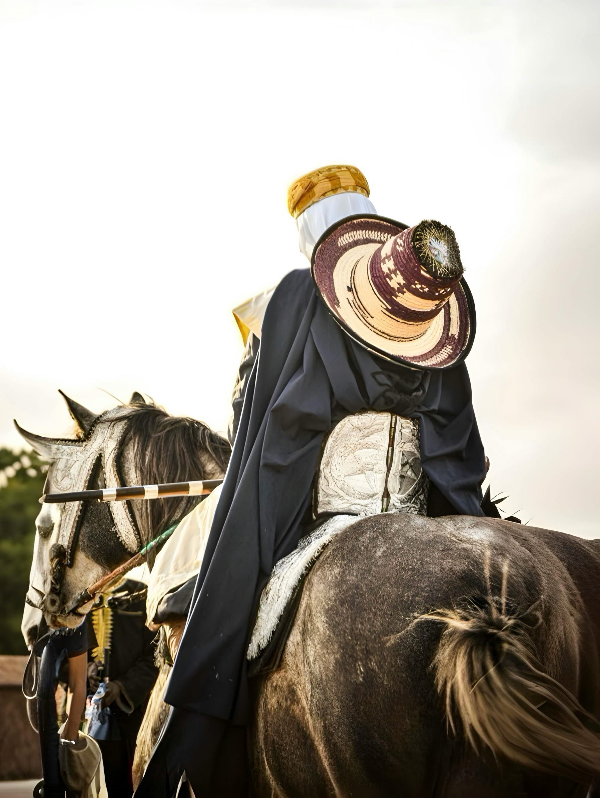 A rear view of an Algerian horse rider in traditional attire during a cultural event.